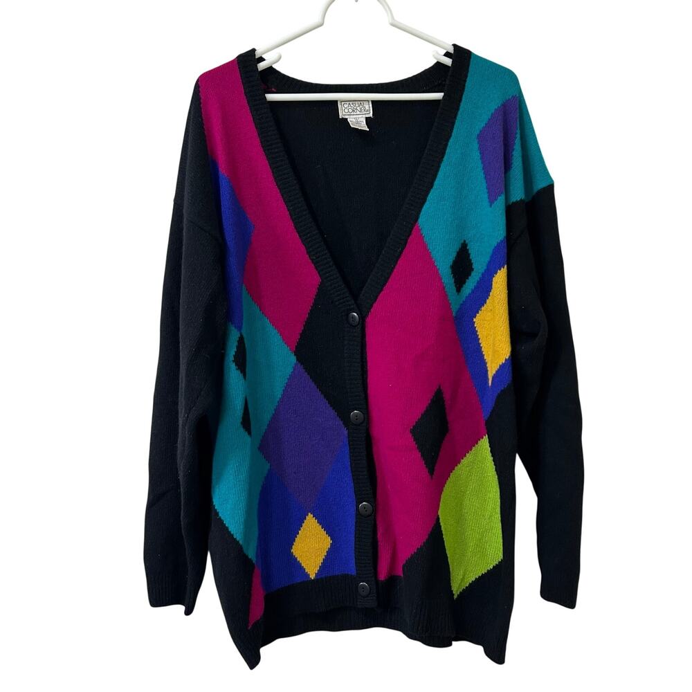 Casual Corner Womens Large Black Colorblock Wool & Angora Cardigan Sweater Retro